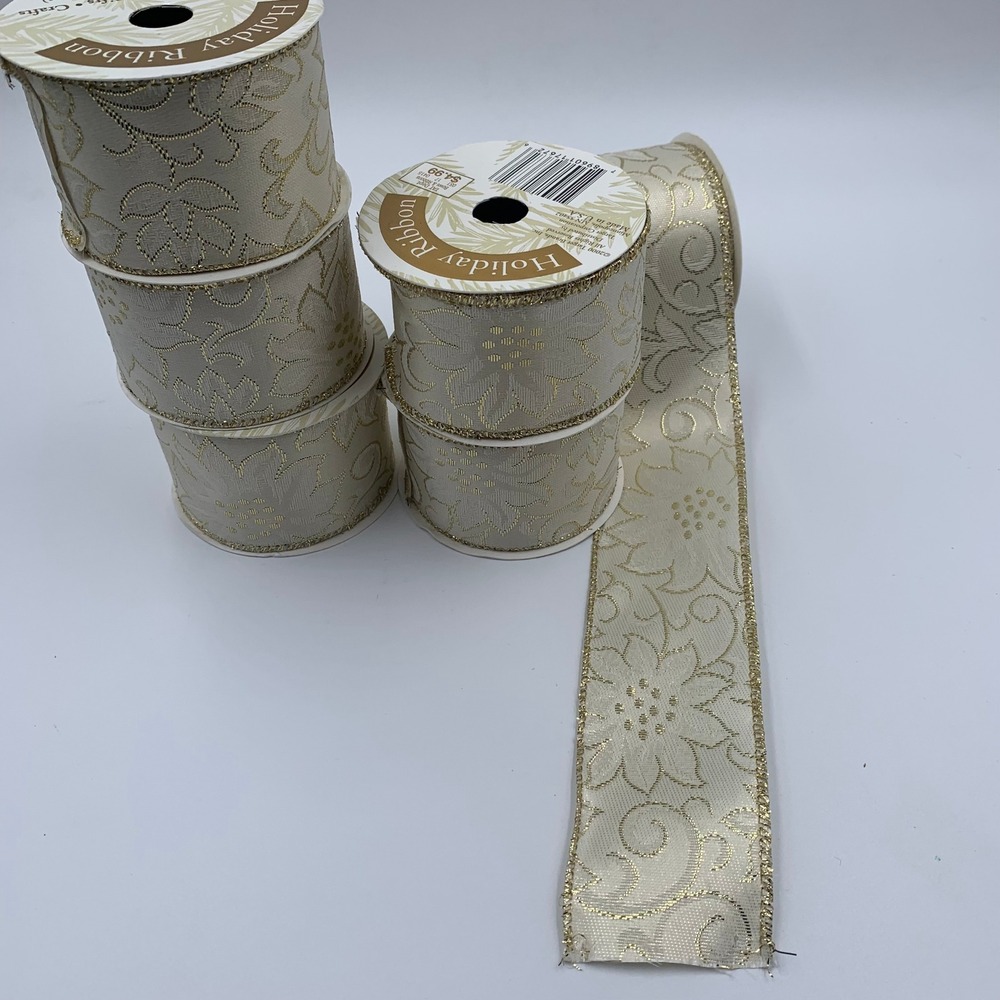 Lot 5 Vtg 2000 Target Wired Holiday Ribbon Cream Gold Floral Poinsettia 2"